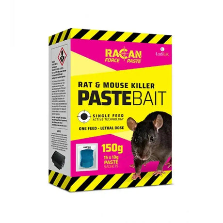 Lodi racan force paste sachets in yellow and pink box with single feed technology rat & mouse killer paste