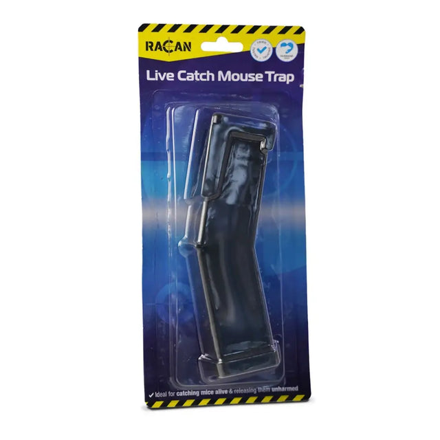Black plastic lodi racan live catch mouse trap in clear packaging with yellow black warning stripes for stress free environment