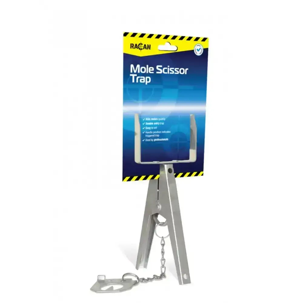 Silver metal racan mole scissor trap with chain and key ring from lodi racan mole for effective mole control