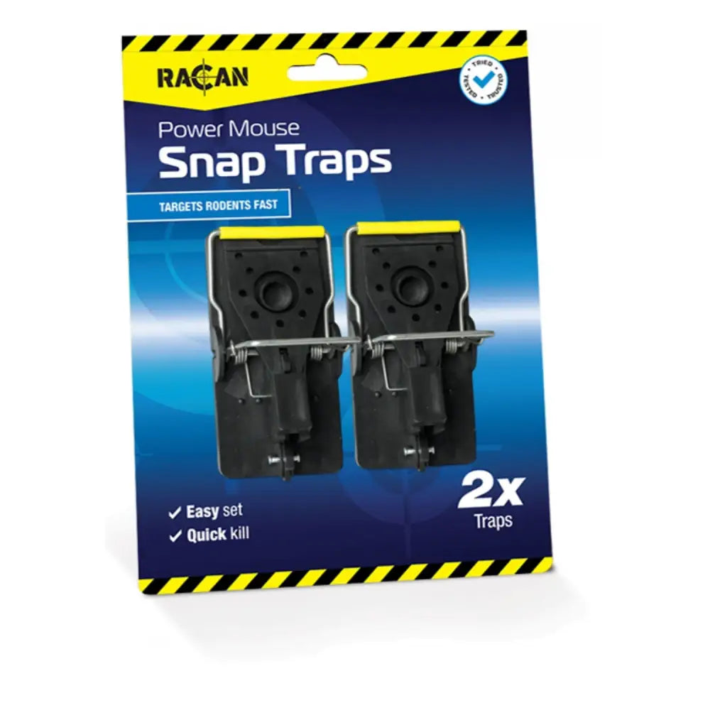 Two-pack of black and yellow lodi racan plastic mouse snap traps for quick and effective pest control