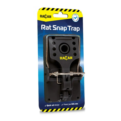 Black lodi racan rat snap trap with metallic spring mechanism and yellow branded packaging for rat snap trap use