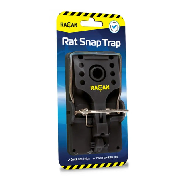 Black lodi racan rat snap trap with metallic spring mechanism and yellow branded packaging for rat snap trap use