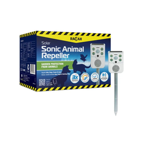 White lodi racan solar sonic animal repeller with silver stake and four circular speaker holes for outdoor use