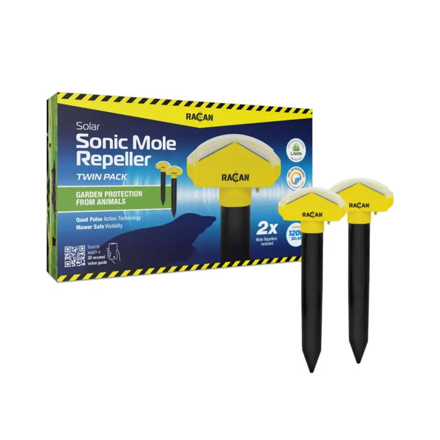 Yellow and black lodi racan solar sonic mole repeller with dome top and pointed stakes for outdoor use