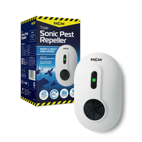 White lodi racan triple sonic pest repeller with green indicator light and black speaker grille for indoor use