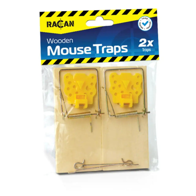 Yellow plastic-coated lodi racan wooden mouse traps with easy setting treadle in racan branded package