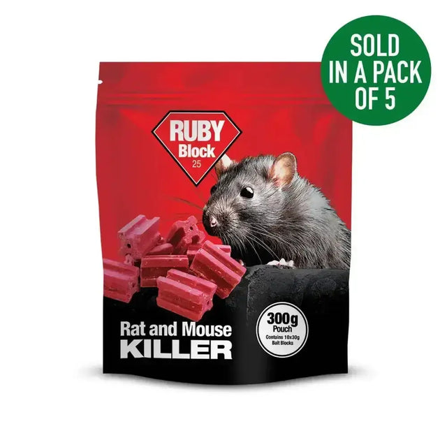 Red and black pouch of lodi ruby block 25 rat and mouse killer with pink rectangular difenacoum bait blocks