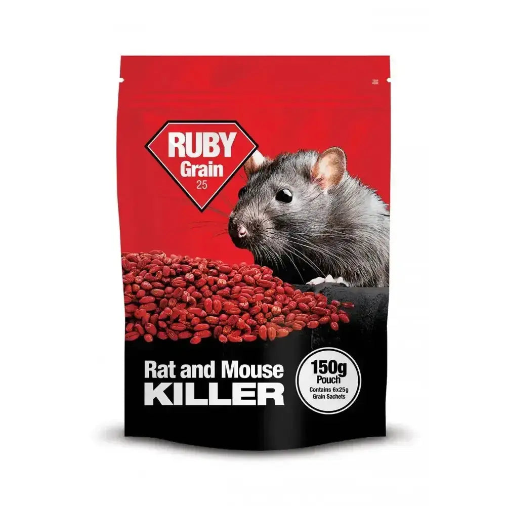 Red and black pouch of lodi ruby grain 25 rat and mouse killer with gray rodent illustration for rodent infestation in sensitive areas homes