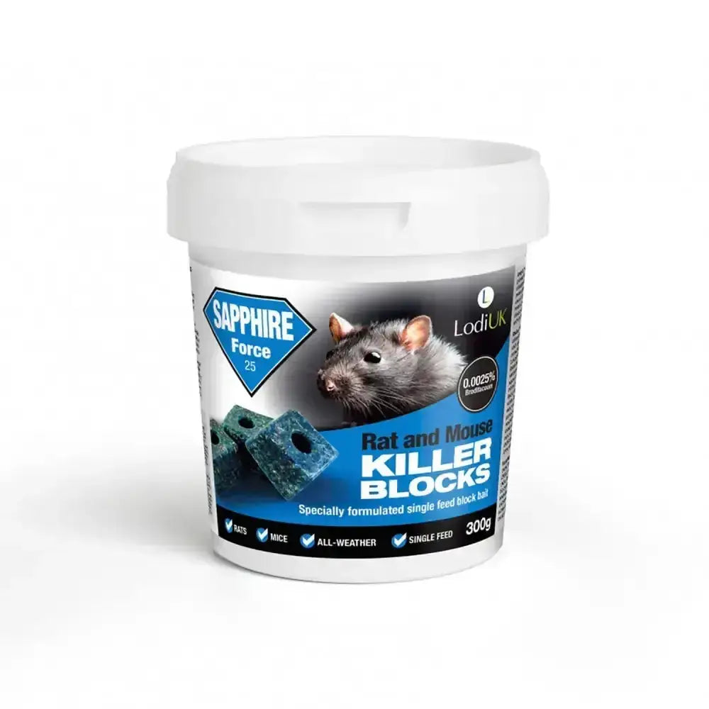 White plastic container with blue and black label showing lodi sapphire force 25 block bait for tamper-resistant bait stations