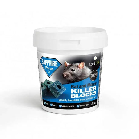 White plastic container with blue and black label showing lodi sapphire force 25 block bait for tamper-resistant bait stations