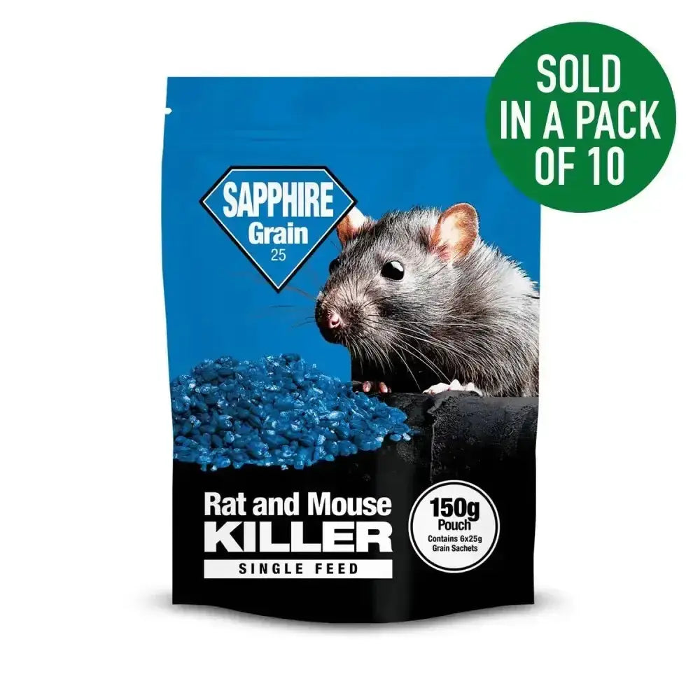 Blue and black pouch of lodi sapphire grain 25 single feed rat and mouse killer with active ingredient brodifacoum and grey rodent image