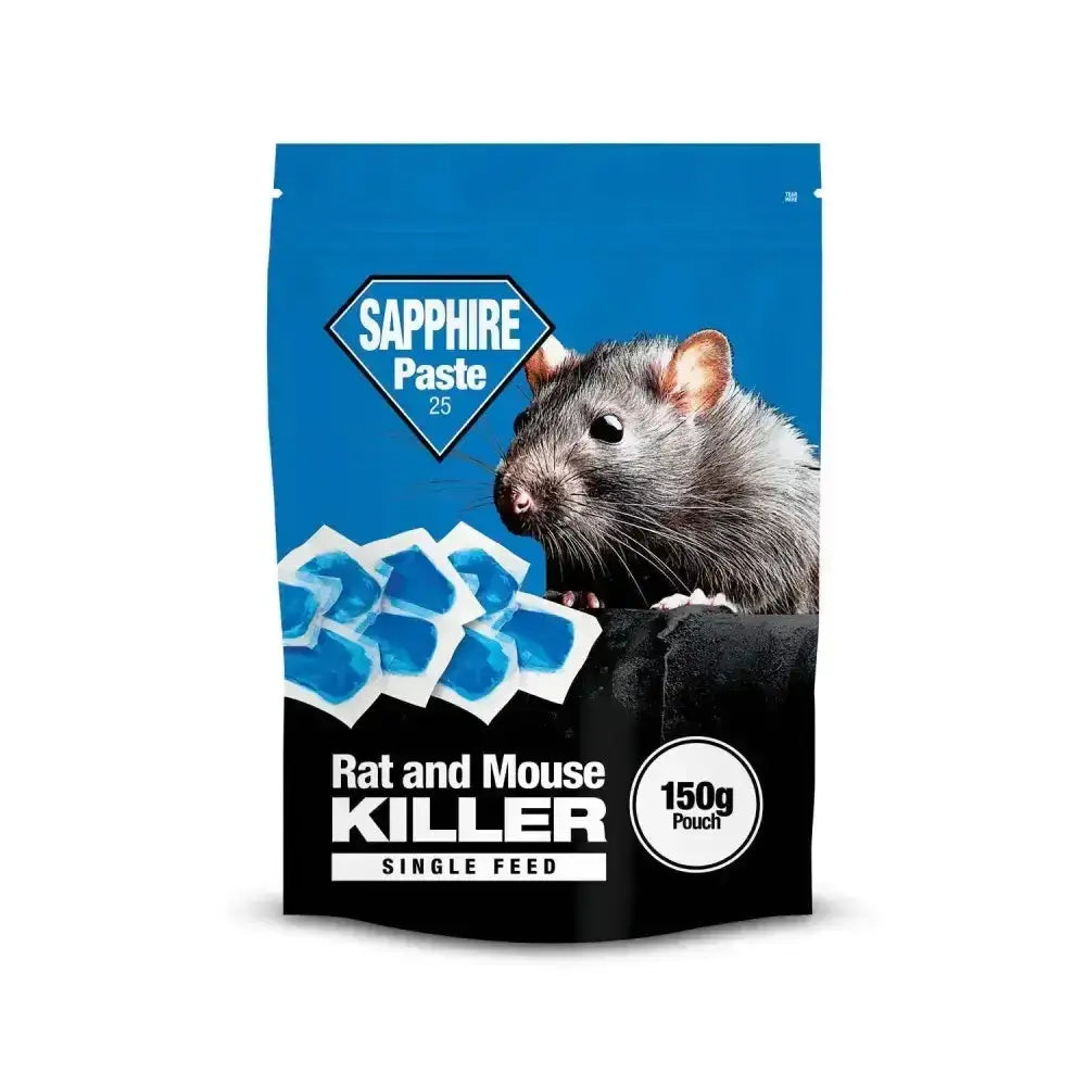 Blue and black pouch of lodi sapphire paste 25 single feed active rat and mouse killer with brodifacoum ingredient