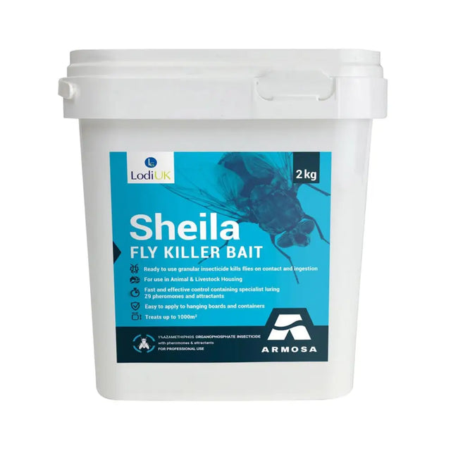 White plastic bucket of lodi sheila fly granular insecticide bait 2kg for livestock housing fly killer