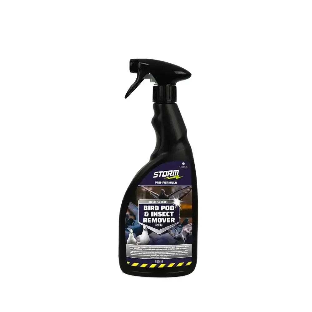 Black spray bottle of lodi storm pro-formula bird poo and insect remover rtu with glossy finish and bird graphics