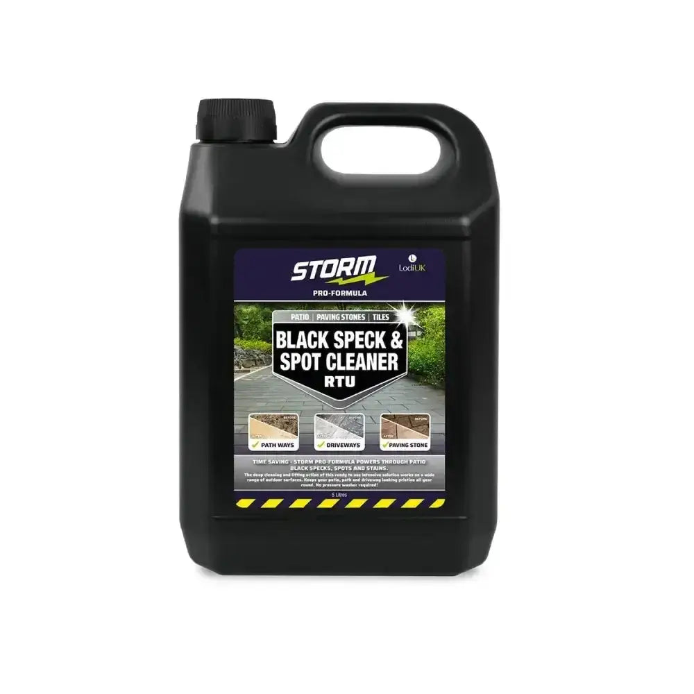 Black plastic jug with handle and cap labeled lodi storm pro-formula black speck and spot cleaner rtu by locbuk