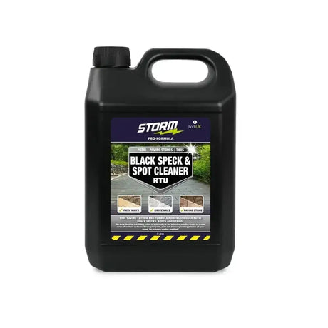Black plastic jug with handle and cap labeled lodi storm pro-formula black speck and spot cleaner rtu by locbuk