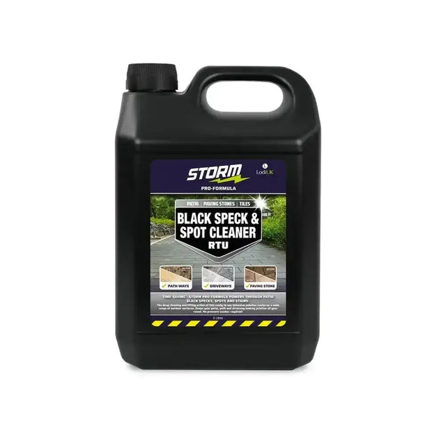 Black plastic jug with handle and cap labeled lodi storm pro-formula black speck and spot cleaner rtu by locbuk
