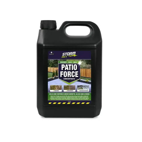 Black plastic jug with handle and cap labeled lodi storm pro5 patio force concentrate for outdoor cleaning use