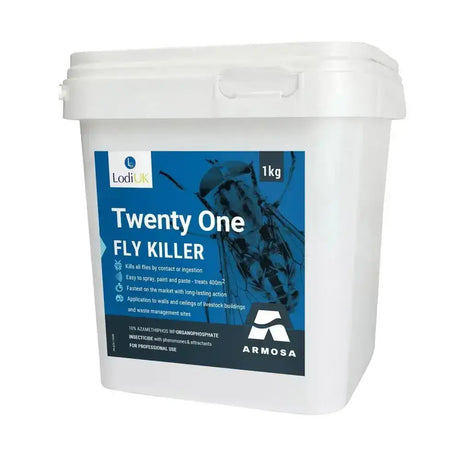 White plastic bucket labeled twenty one fly killer by lodiuk with blue and black label featuring insect image uniquely formulated product
