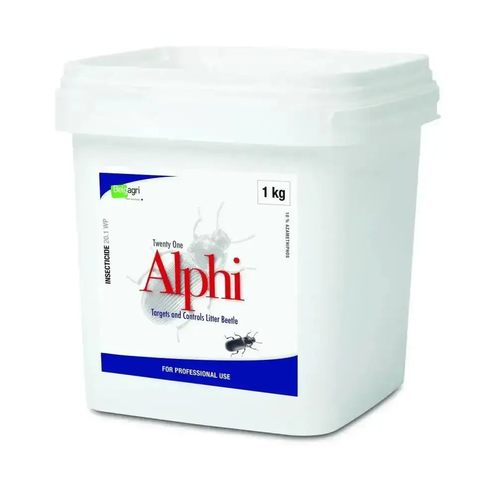 White plastic container of lodi twenty one alphi insecticide with red and blue branding for treating litter beetle