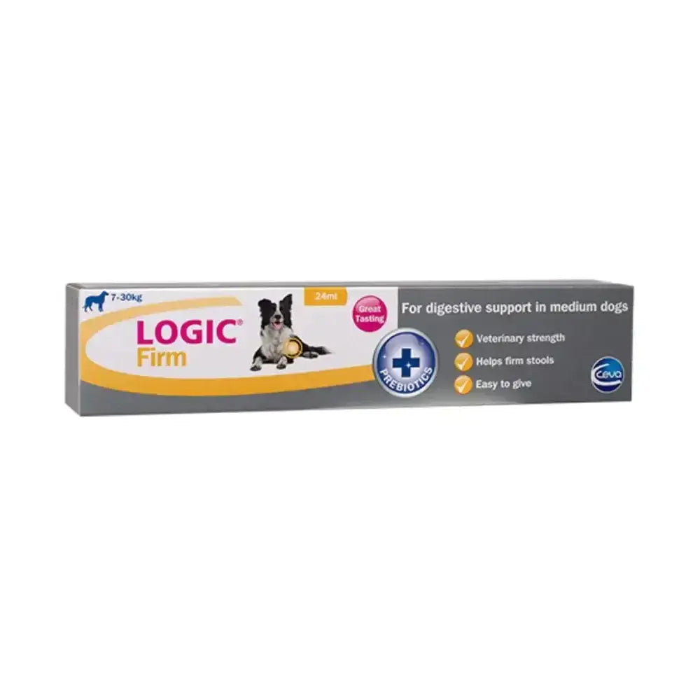 Logic diar-stop paste prebiotic supplement for medium dogs in gray and yellow box with border collie image