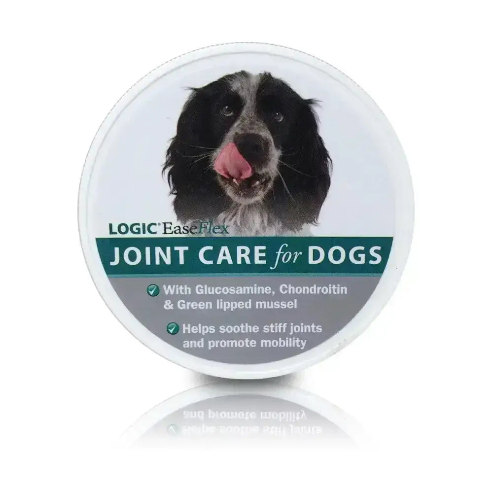 Logic easeflex joint care for dogs in a white container with teal label to soothe active joints and support long term joint health