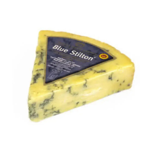 A wedge of yellow long clawson stilton with blue veining and a dark label in this artisan soft cheese product