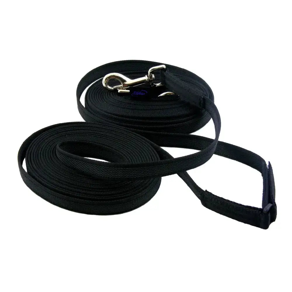 Black woven long reins with silver hardware and padded handle for equestrian training and equestrian use