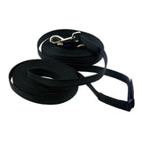 Black woven long reins with silver hardware and padded handle for equestrian training and equestrian use
