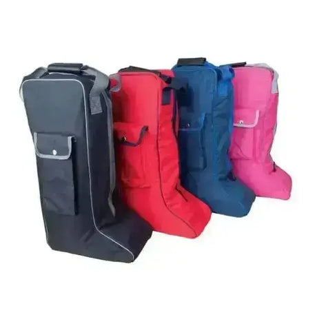 Long riding boot bag by Rhinegold in black red blue and pink toughened cordura nylon with front pocket and adjustable strap