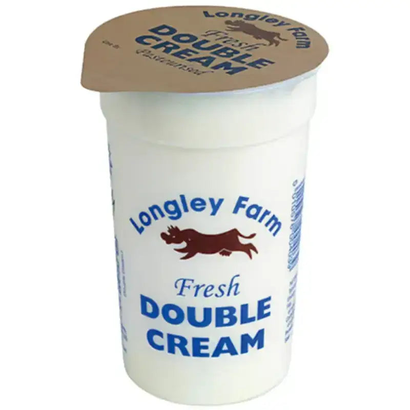 White plastic container of longley farm double cream with blue branding and brown lid perfect for jimmys iced coffee use