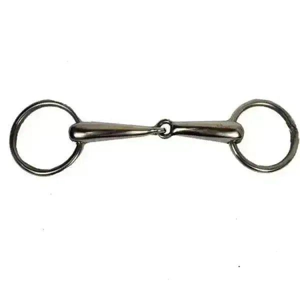 Silver-colored loose ring hollow jointed snaffle bit with polished finish and circular rings at each end