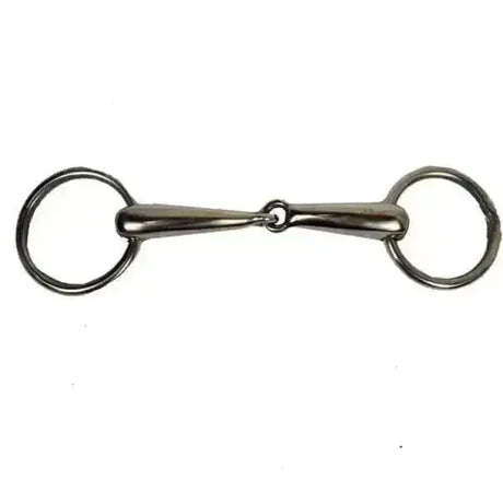 Silver-colored loose ring hollow jointed snaffle bit with polished finish and circular rings at each end