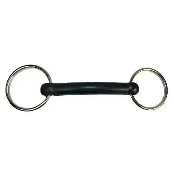 Black rubber loose ring rubber bradoon with silver metal rings for a flexible bit in riding gear