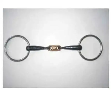 Black and brass loose ring sweet iron bit with polished cold-rolled mild steel rings and copper lozenger bit detail