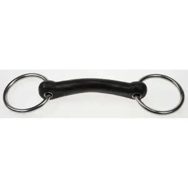 Black rubber-nosed loose ring vulcanite mullen bit with polished metal rings for comfortable horse riding