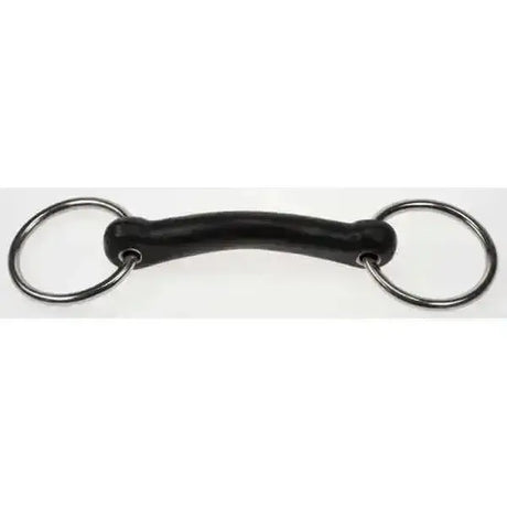 Black rubber-nosed loose ring vulcanite mullen bit with polished metal rings for comfortable horse riding