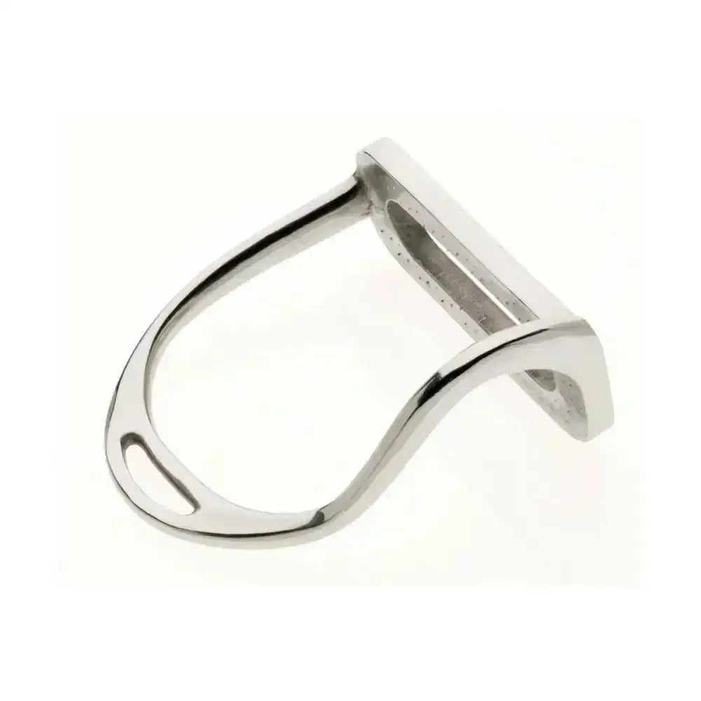 Shiny silver metal lorina bent leg safety stirrup with a sleek curved design and polished finish for safety stirrup irons