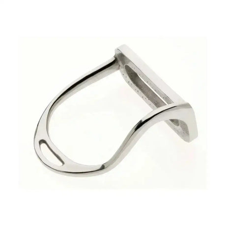 Shiny silver metal lorina bent leg safety stirrup with a sleek curved design and polished finish for safety stirrup irons