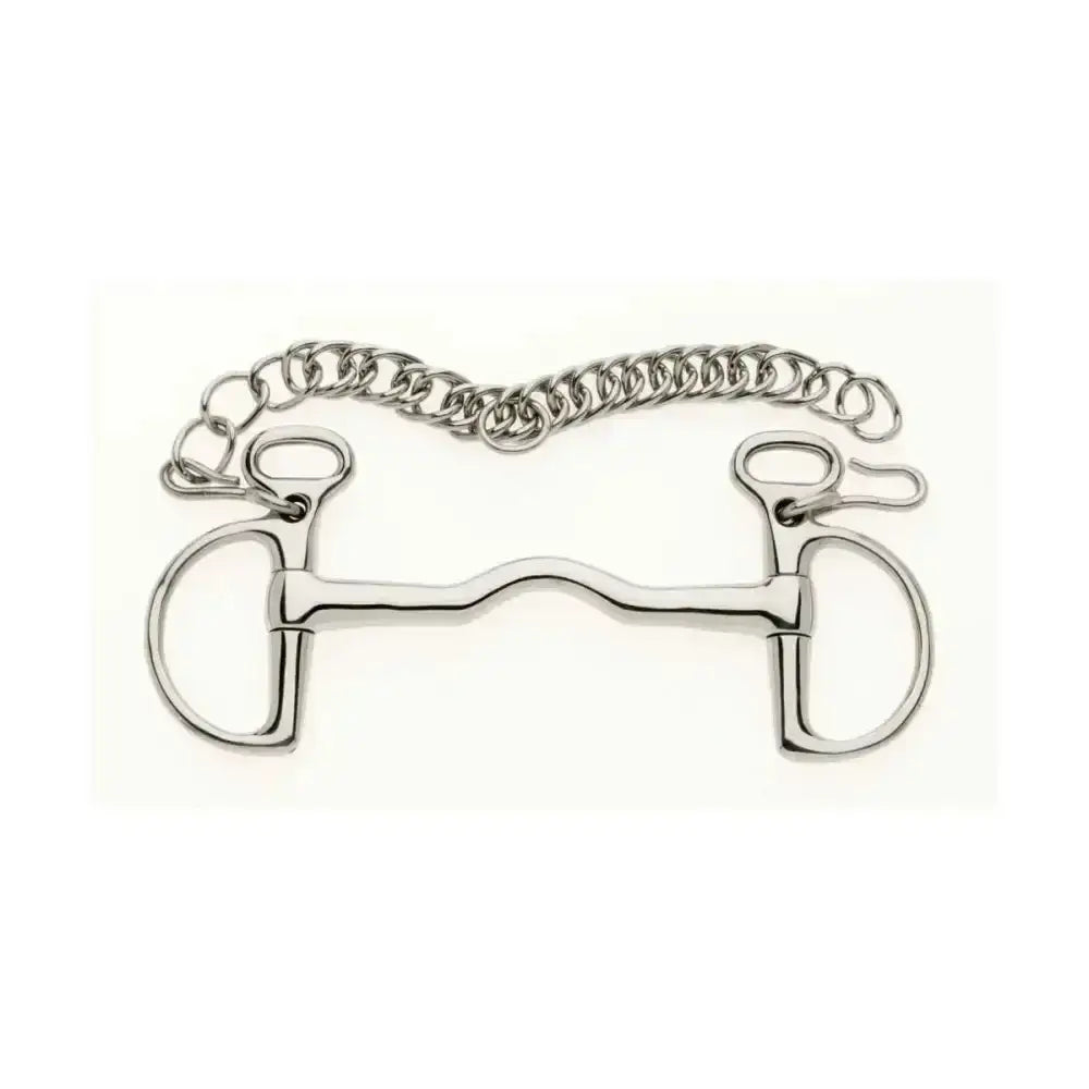 Silver-colored metal lorina cambridge kimblewick horsebit with smooth polished finish and attached chain for real palate pressure