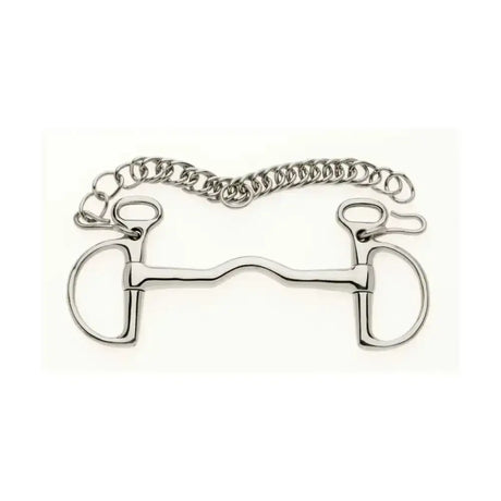 Silver-colored metal lorina cambridge kimblewick horsebit with smooth polished finish and attached chain for real palate pressure