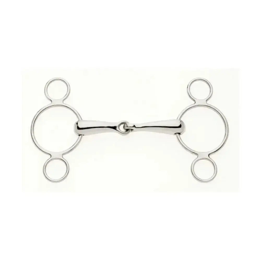 Silver polished metal lorina continental ring jointed horse bit with two circular rings and central bar