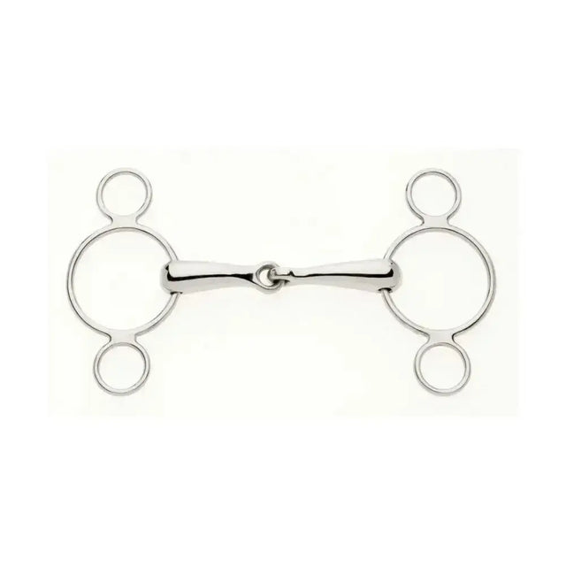 Silver polished metal lorina continental ring jointed horse bit with two circular rings and central bar