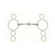 Silver polished metal lorina continental horse bit featuring ring snaffle with three stacked circular rings on each side