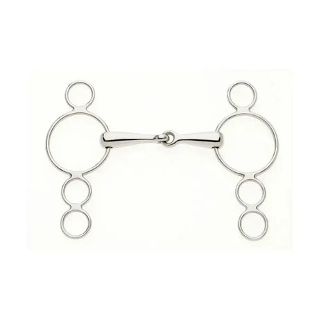 Silver polished metal lorina continental ring snaffle horse bit with three stacked circular rings on each side