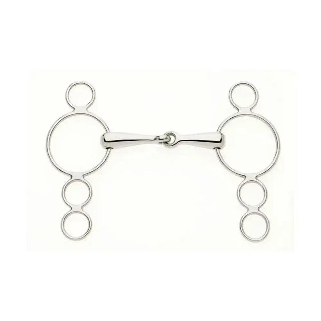 Silver polished metal lorina continental ring snaffle horse bit with three stacked circular rings on each side