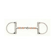 Silver and rose gold two-tone lorina copper roller snaffle with polished metal rings and horsebit design