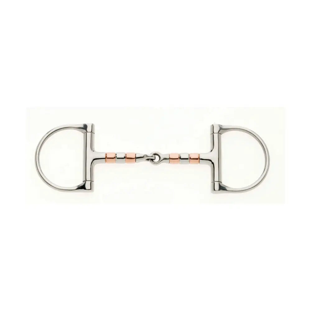 Silver and rose gold two-tone lorina copper roller snaffle with polished metal rings and cheek copper roller details