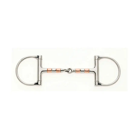 Silver and rose gold two-tone lorina copper roller snaffle with polished metal rings and cheek copper roller details