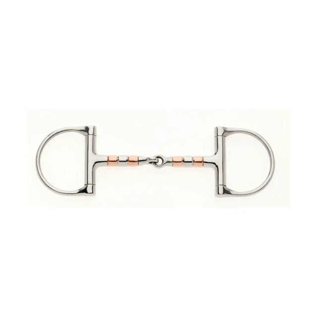 Silver and rose gold two-tone lorina copper roller snaffle with polished metal rings and cheek copper roller details